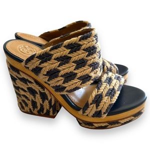 Tory Burch Women’s Blue/Beige Lola Woven Jute/Leather Sandals Size 6 Chunky Heel